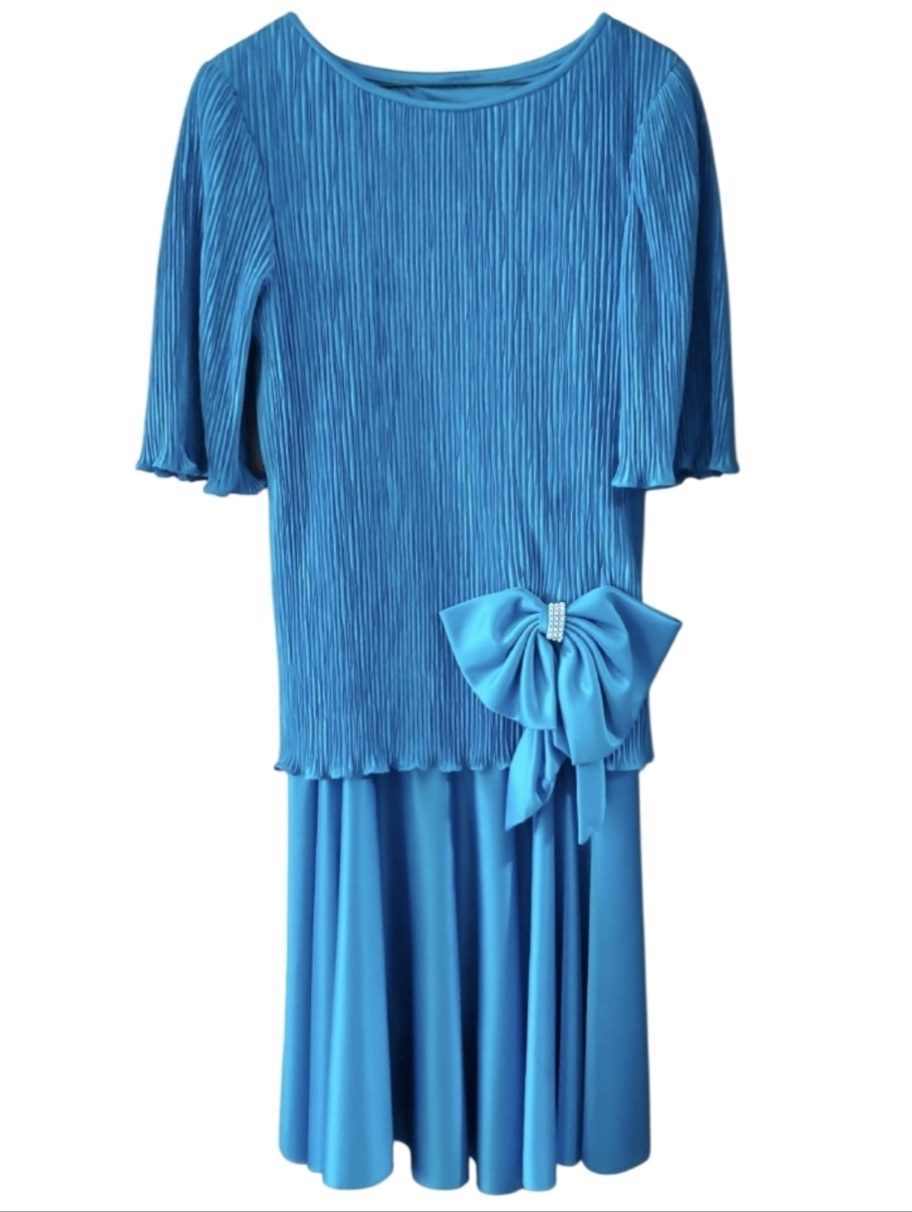 After Dark Vintage Turquoise Pleated Bow Midi Dress - Women Size 9-10
